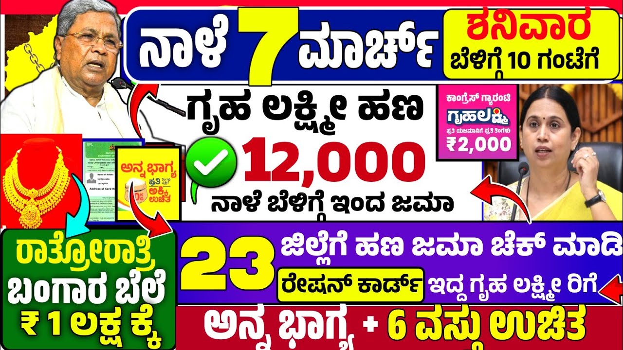 🤩ನಾಳೆ 20 ಫೆಬ್ರುವರಿ:😍ಶುಕ್ರವಾರ ಬೆಳಿಗ್ಗೆ 10 ಗಂಟೆಗೆ ₹ 12,000 ಗೃಹ ಲಕ್ಷ್ಮೀ ರಿಗೆ ಬಂಪರ್ ಹಣ ಜಮಾ! ಅನ್ನ ಭಾಗ್ಯ 