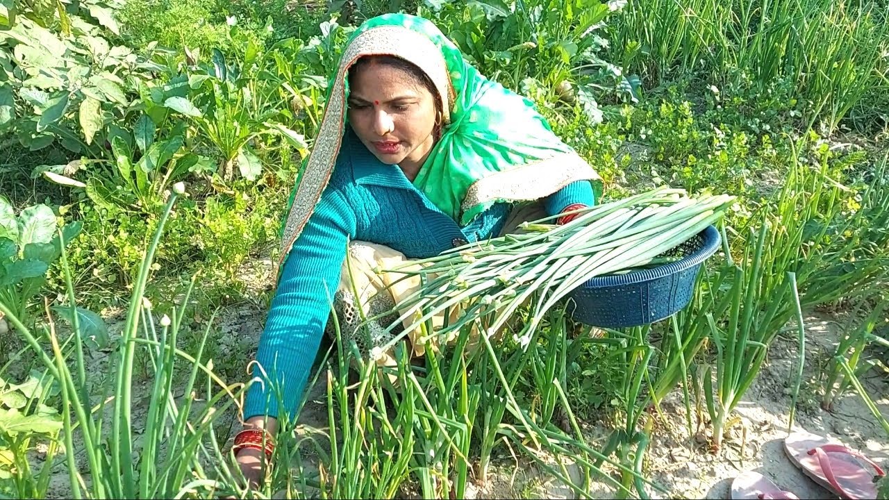 MY FARMER LIFE |SPRING ONION BHAJI RECIPE |  VILLAGE FARMER DAILY DINNER ROUTINE IN HINDI|हरे प्याज़