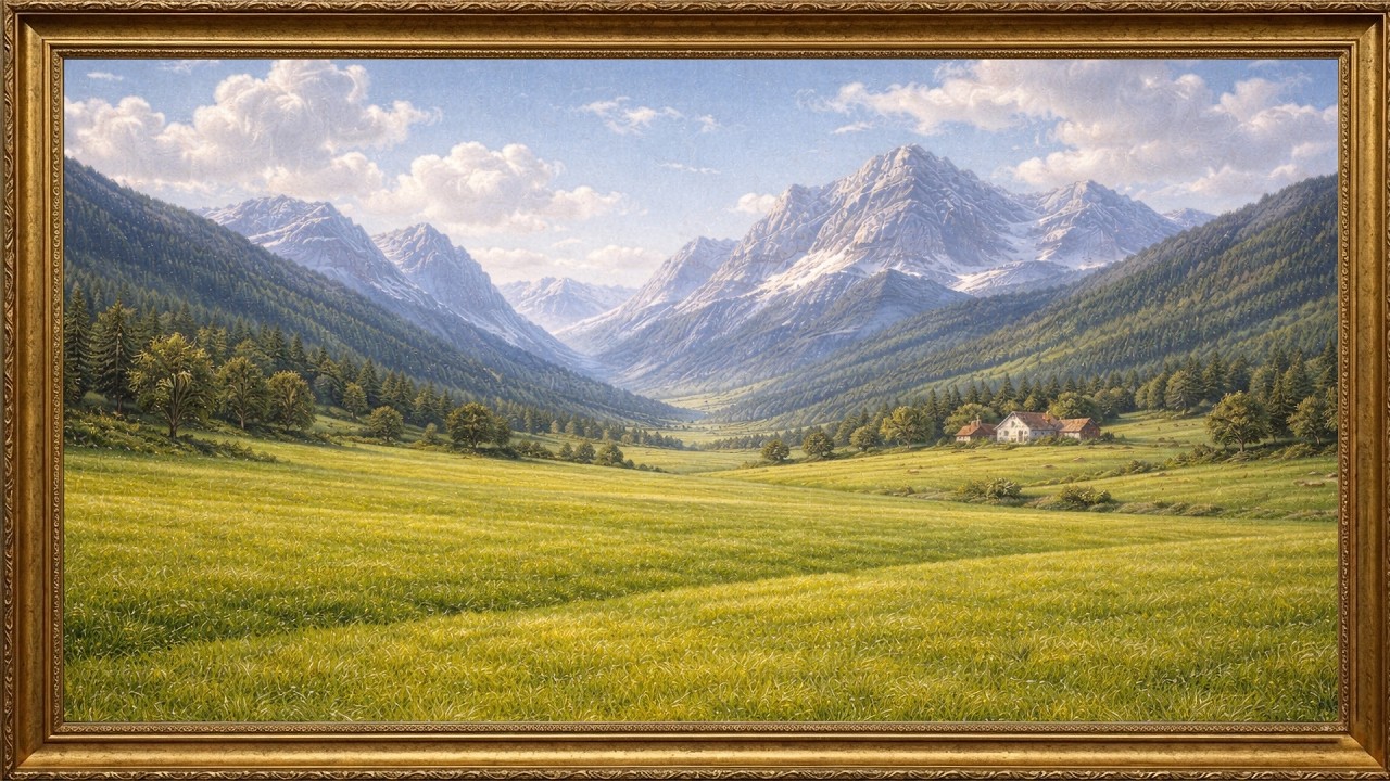 2 Hours Endless Green Meadow & Alpine Mountains | Serene Oil Painting | 4K Frame TV Art Screensaver