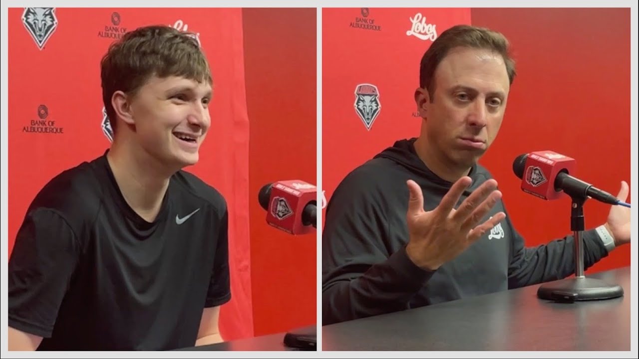 UNM Lobo coach Richard Pitino and guard Braden Appelhans on Tuesday, Feb. 4, 2025, ahead of CSU game