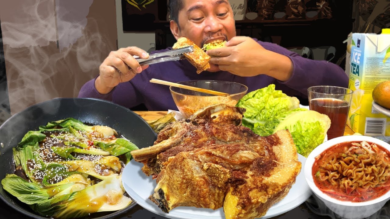 SUPER CRISPY LECHON!!! SWEET & SPICY BOK CHOY!!! SPICY NOODLE SOUP!!! MUKBANG. Filipino. Food.