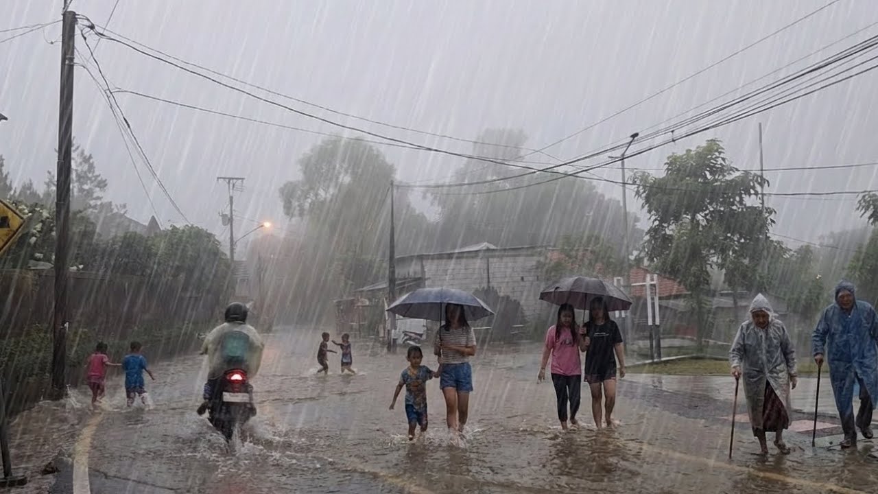 Walking the Countryside During Heavy Rain — Quiet Village Roads and Calm Daytime Mood