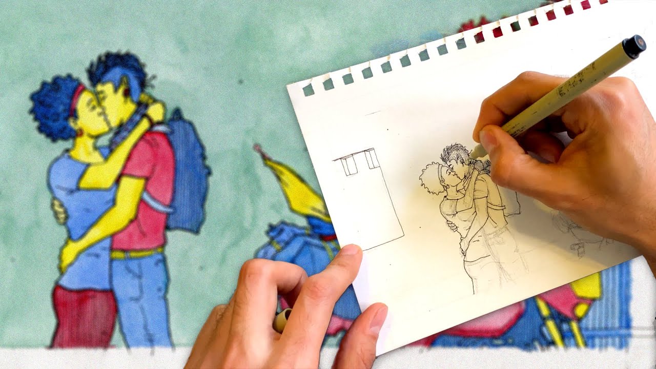 Colombian Couple Goodbye Kiss Watercolor Illustration