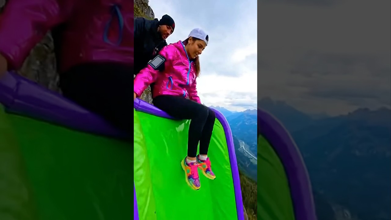 Green Cliff Slide is Unreal 😱🔥 Girl Slides then Flies over Cliff Airbag 
