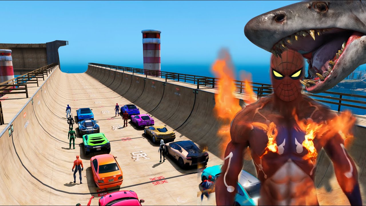 GTA 5 Mega-Ramp: Superheroes vs. Scarred Sharks & UFO Attack!