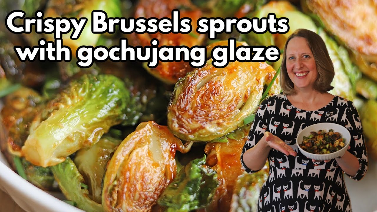Crispy pan-fried Brussels sprouts with gochujang glaze (vegan)
