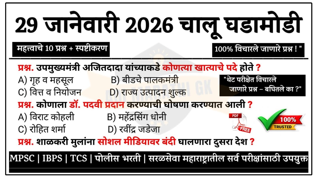 29 January | Current Affairs 2026 | Chalu Ghadamodi 2026 | #chalughadamodi #ajitpawar 