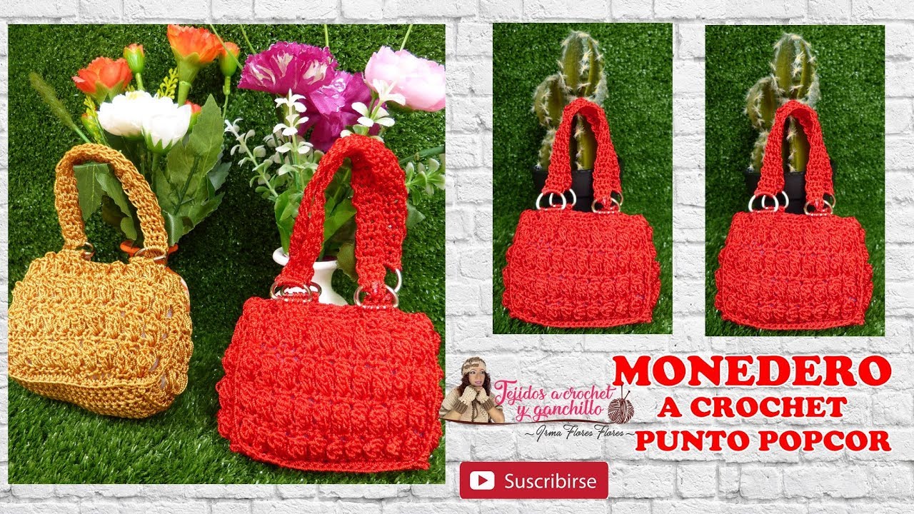 MONEDERO ROJO PUNTO POPCORN A CROCHET/ HILO MACRAME CLAVE