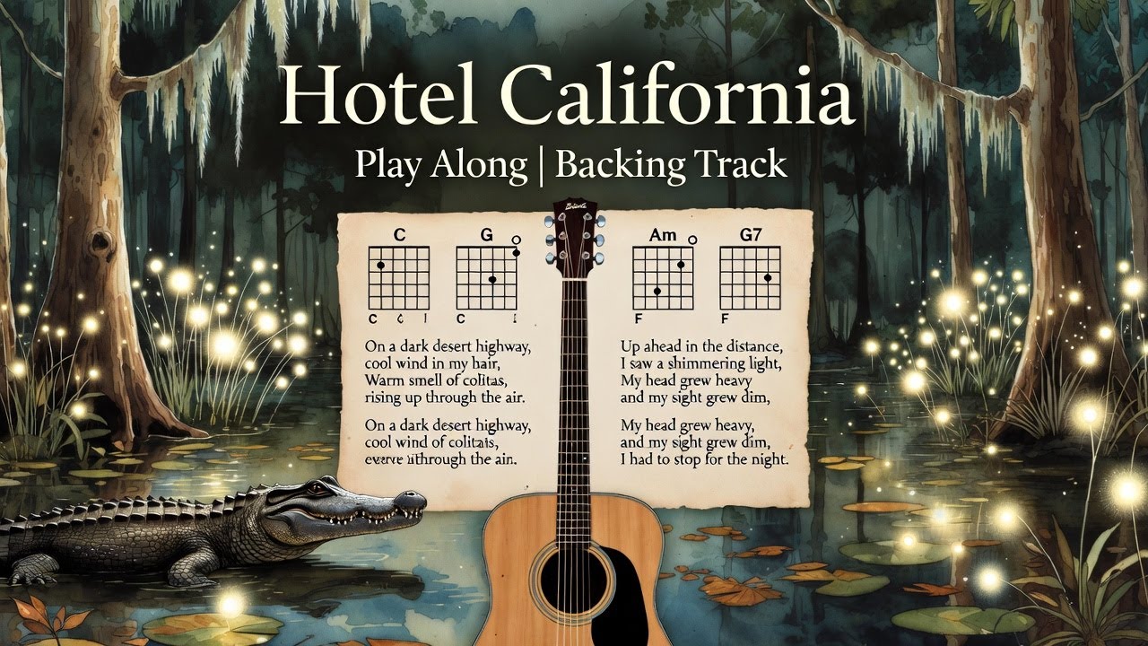 Hotel California Play Along Guitar The Eagles Backing Track + Scrolling Chords/Lyrics #playalong