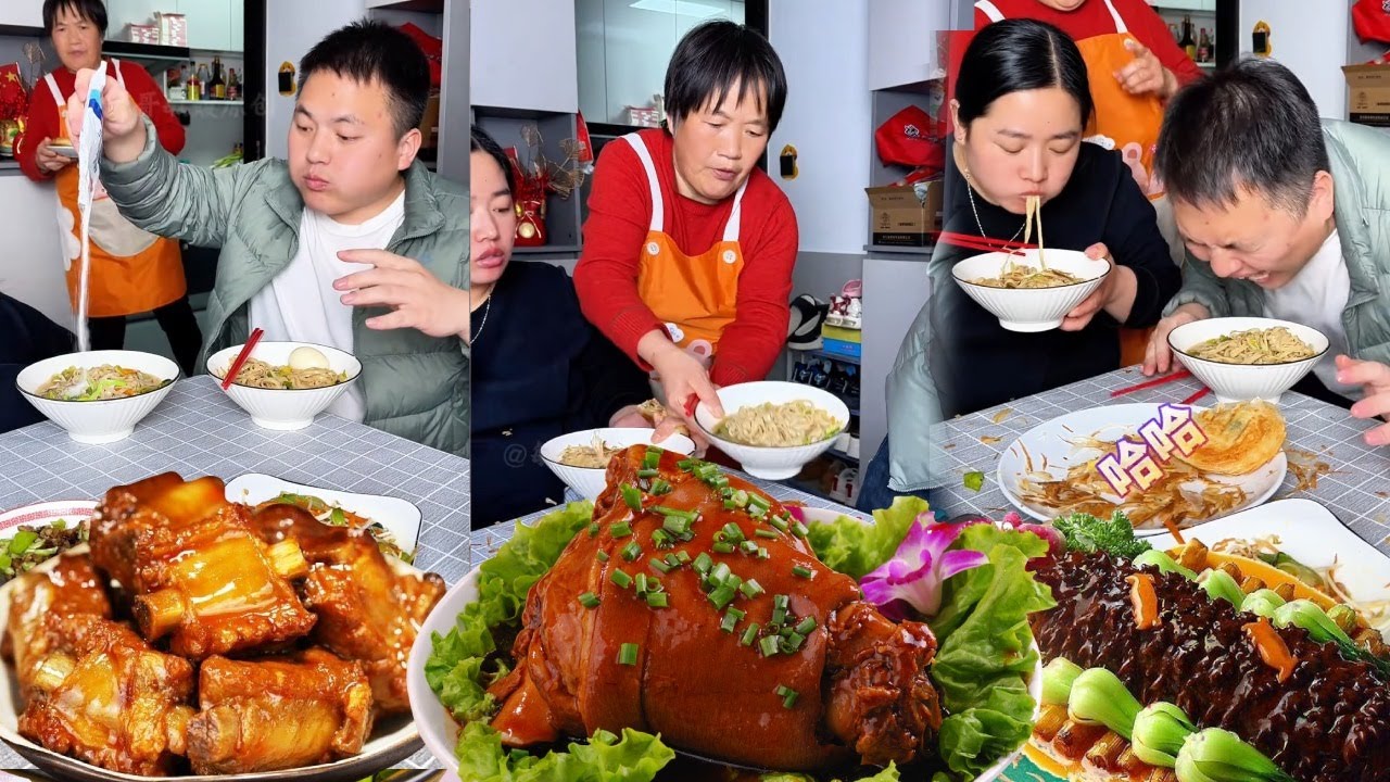 蠢老公欺负自家老婆在面条里加芥末，不料被婆婆看到了全程趁机调换位置，蠢老公最后被辣到满屋找水喝