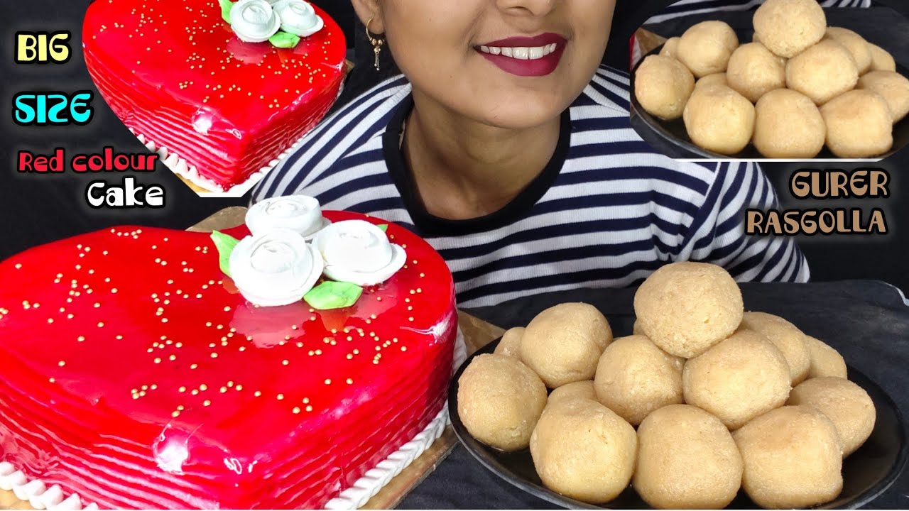 BIG size red colour heart shape cake, GURER Rasgolla।। eating Show 😋#khaikhai #cake #rasgulla 