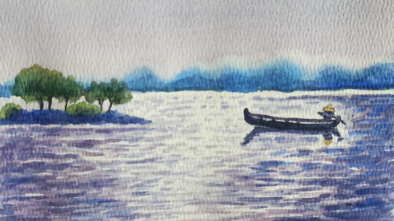 ရေကန်အလယ်လှေတစ်စီး(Watercolor  Landspace painting) Calm & Peaceful art