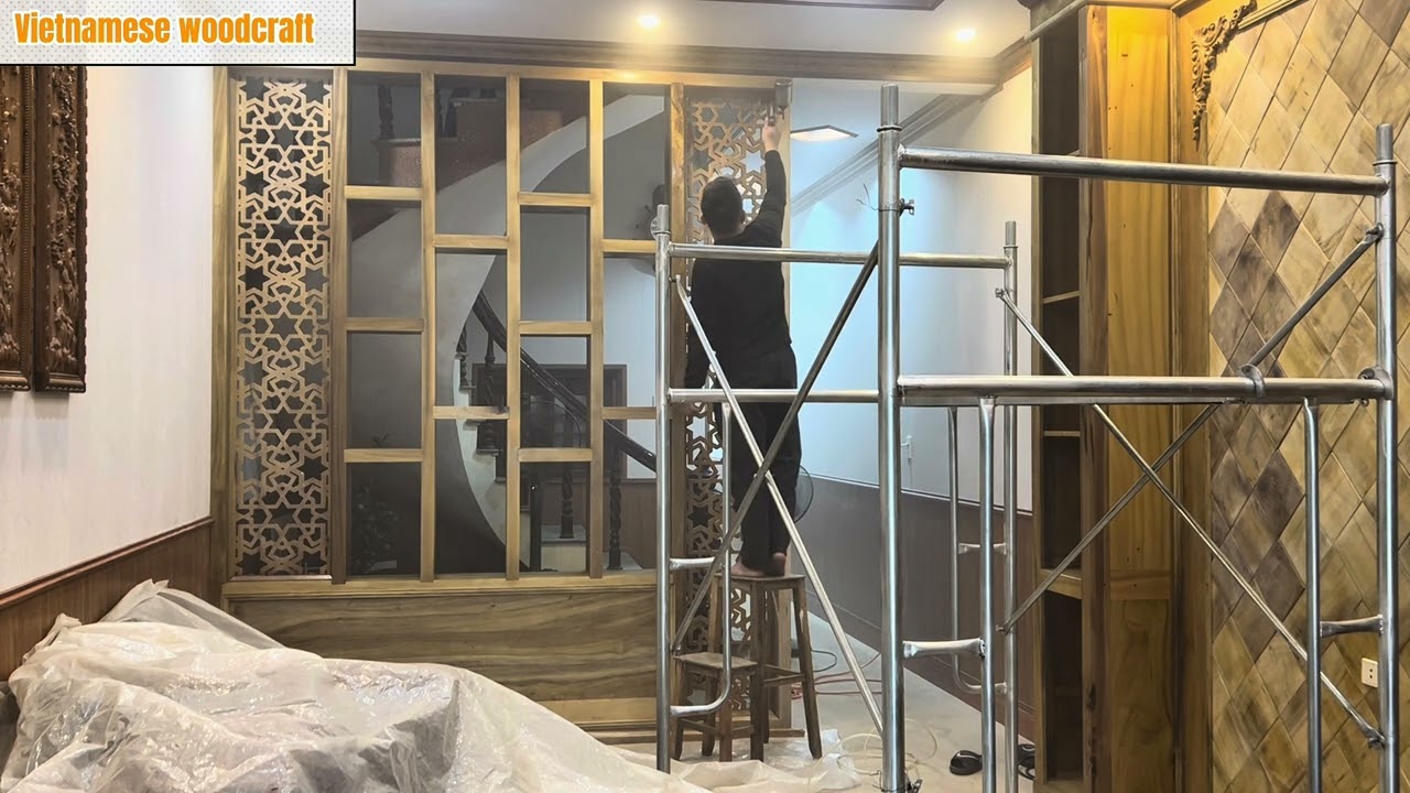Wooden Partition & TV Cabinet | Final Installation | P3 #woodworking #Vietnamesewoodcraft