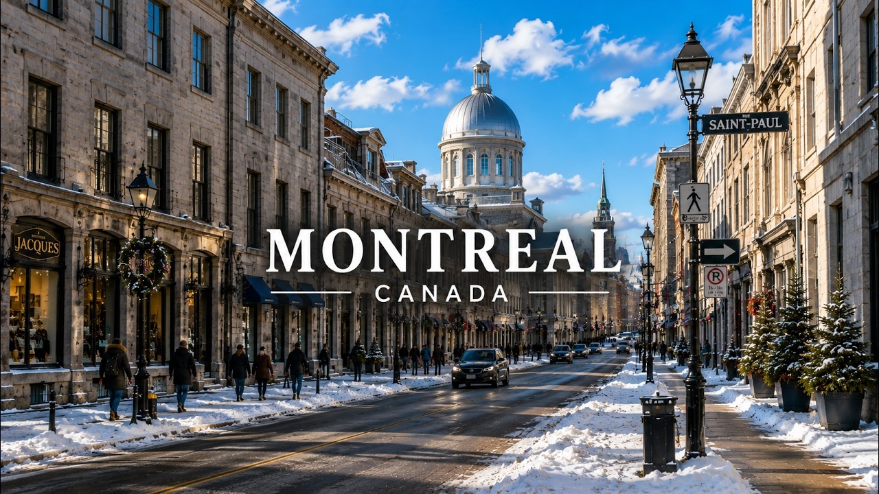 Montreal Downtown Evening Walk 4K | Snowy Winter Night in Quebec Canada POV Tour