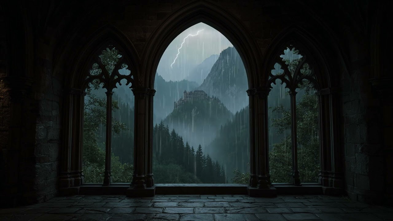 4K Rainy Medieval Castle Window View - Cozy Thunderstorm Sounds - Ambience for Relaxing & Deep Sleep