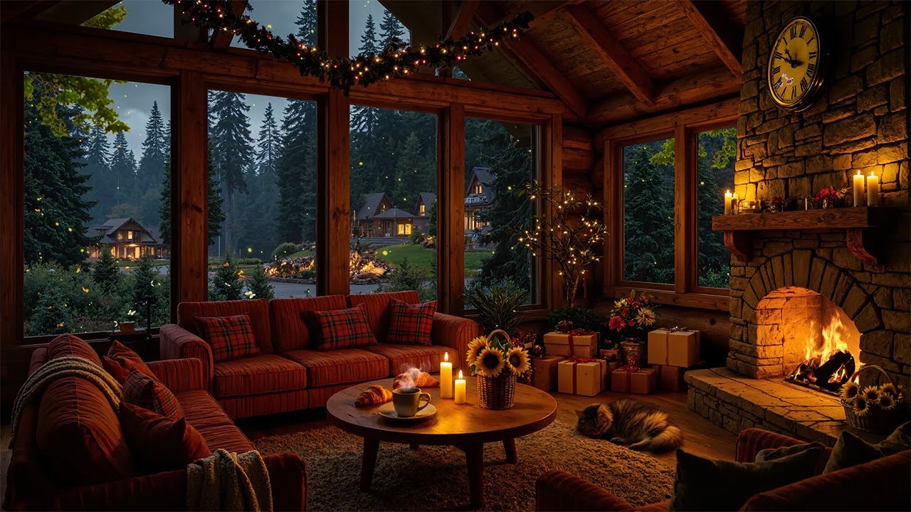 Warm Fireplace Ambience & Fireplace Dreams | Spring Cozy Night with Soft Piano & Cozy Cabin Vibes