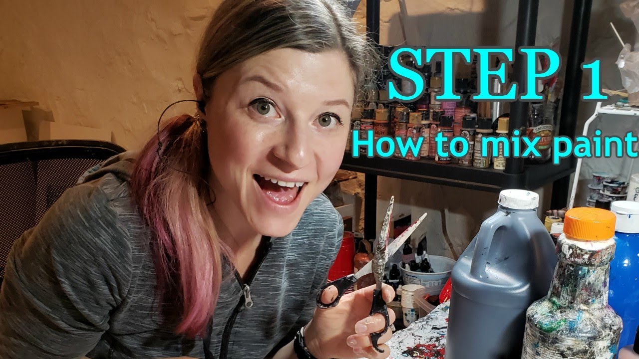Mixing paint - STEP 1 in creating acrylic pouring jewelry.  Easy paint mixing recipe for fluid art.