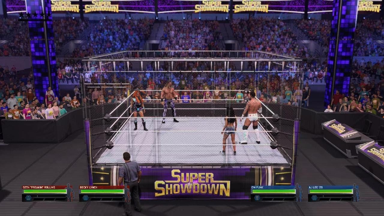 WWE 2K25 - CM Punk & AJ Lee Vs Seth Rollins & Becky Lynch - Steel Cage Match