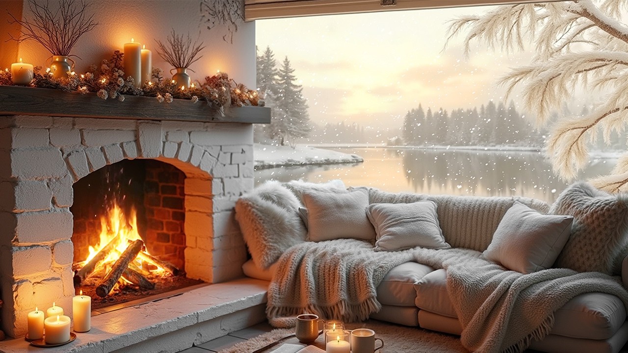 Warm Cozy Cabin by the Lake ❄️🔥 | Fireplace Glow, Book & Hot Tea | Sleep & Study Ambience