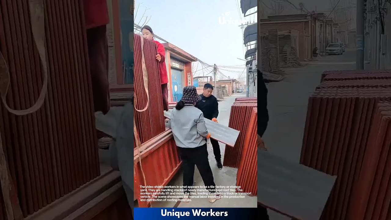 Tile Factory: Workers Handling and Loading Red Roof Tiles