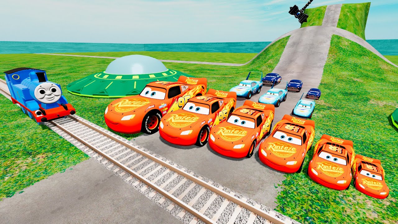 Big & Small Red & Blue Monsters McQueen VS. Train Thomas | BeamNG.drive Pt.14
