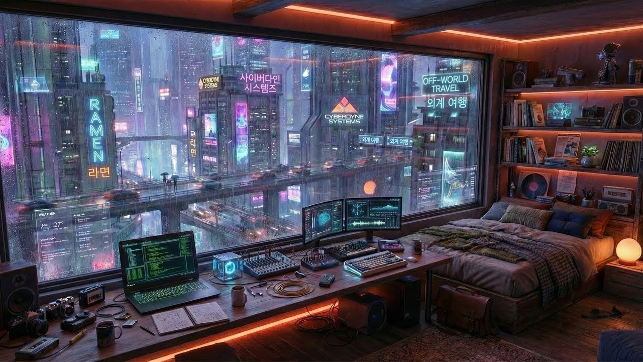 Cozy Cyberpunk Studio Rain Ambience 🎹 Rain on Window | Coding, Study, Focus