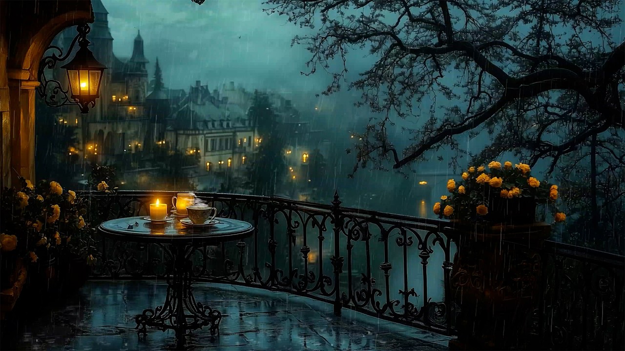 Stormy Night Victorian Balcony Tea Ambience | Rainy Dark Academia Playlist for Reading, Studying
