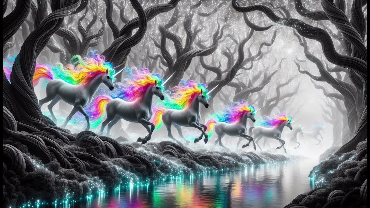 Black and White Forest  with Colorful Unicorn Fractal Psychedelic Wallpaper / Background ( No Sound)
