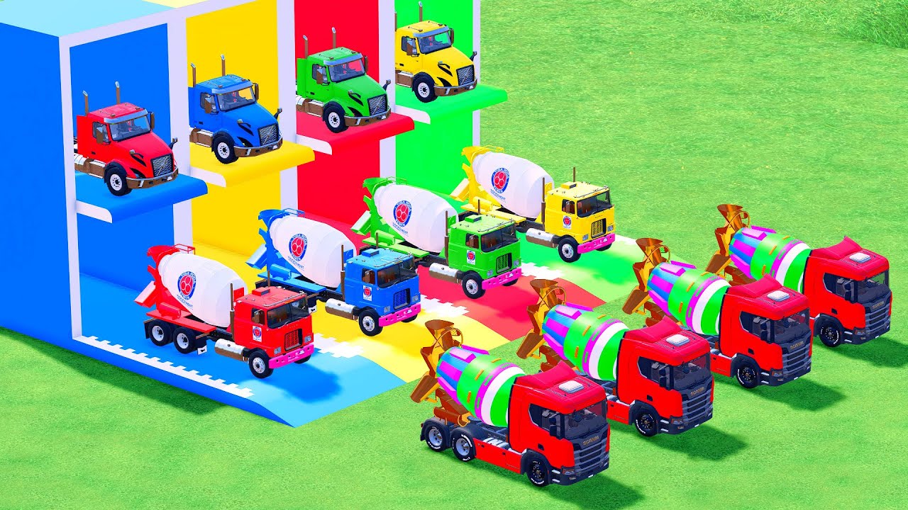Garage with Colors - ALL MIXER TRUCK WITH DOUBLE FLATBED TRAILER TRUCK, SCANIA, MACK #45 - FS22