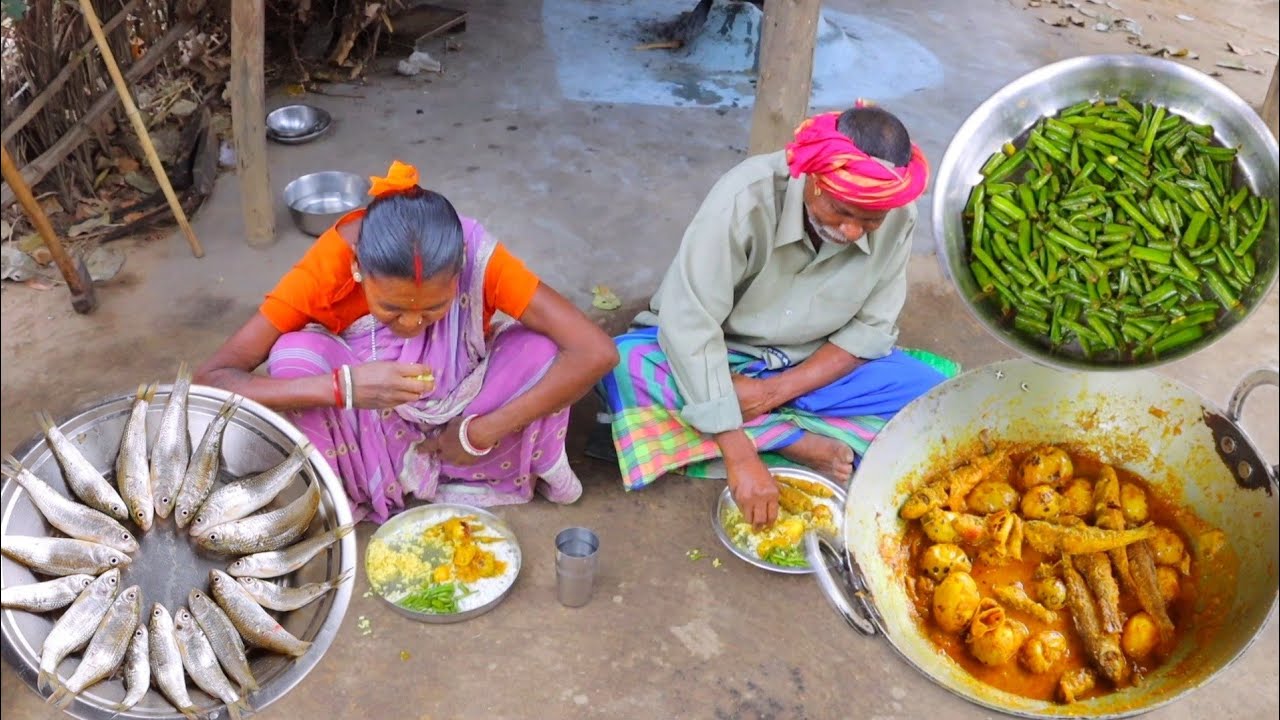 Small Fish curry and Vegetables fry cooking & eating by santali tribe old couple