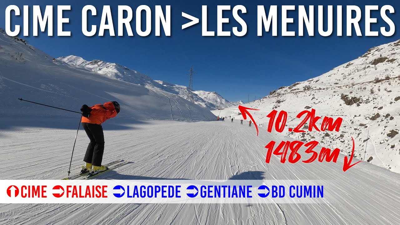 Skiing 10.2km long run from Cime Caron 3200m to Les Menuires 1730m (4K UHD)