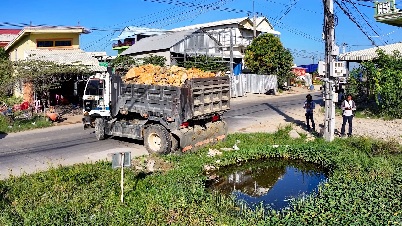incredible best work landfill clear water , truck transport soil stone , bulldozer push soil stone