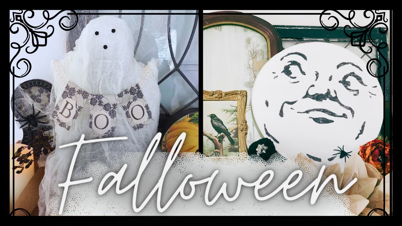 Whimsical Falloween DIY Mantel Decor • Moon Face Round • Cheesecloth Ghost • Paper Bag Garland