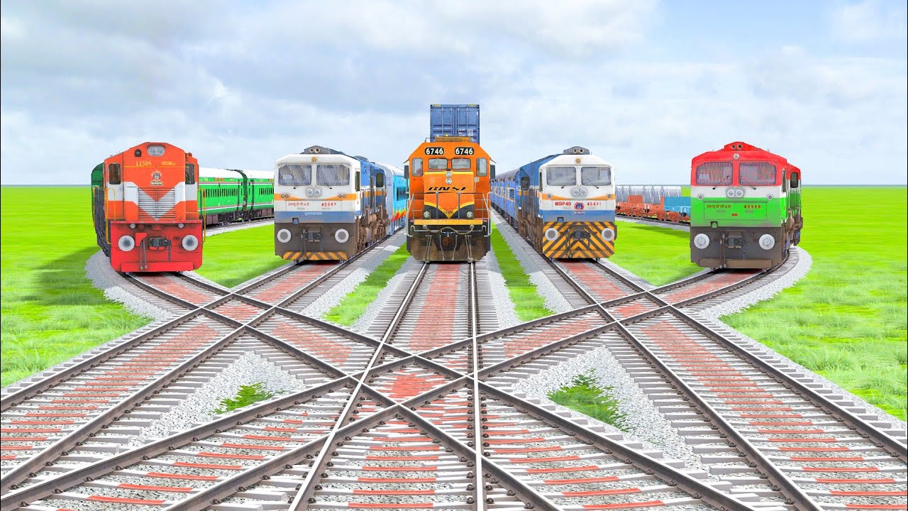 DIAMOND CROSSING AND RAILROAD CROSSING OF FIVE TRAINS WDM3D WDP4 AND STEAM ENGINE |Train Simulator|