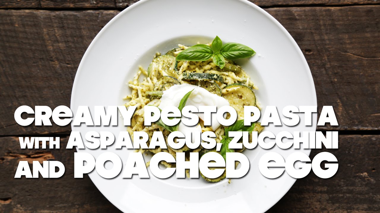 Creamy Pesto Pasta with Asparagus, Zucchini and Poached Egg