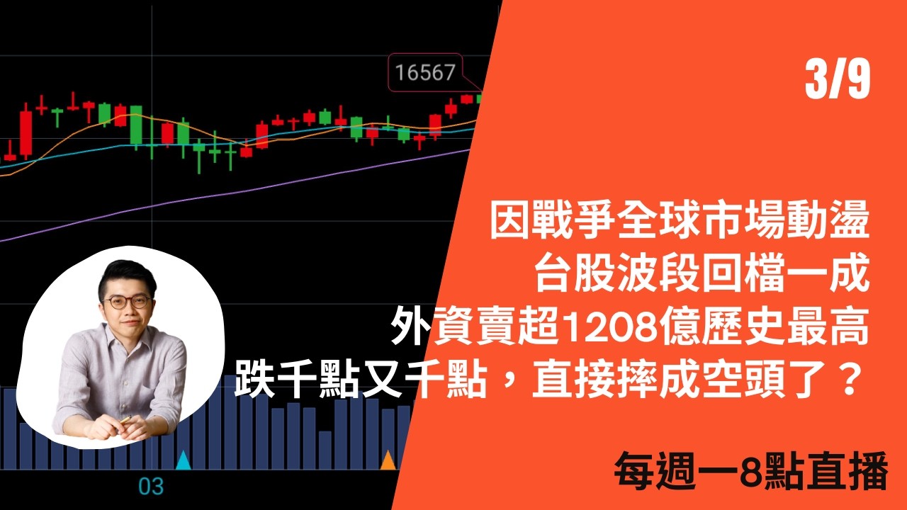 【波段王子 廖崧沂 點靈】直播 2026/03/09: 因戰爭全球市場動盪，台股波段回檔一成 外資賣超1208億歷史最高跌千點又千點，直接摔成空頭了？
