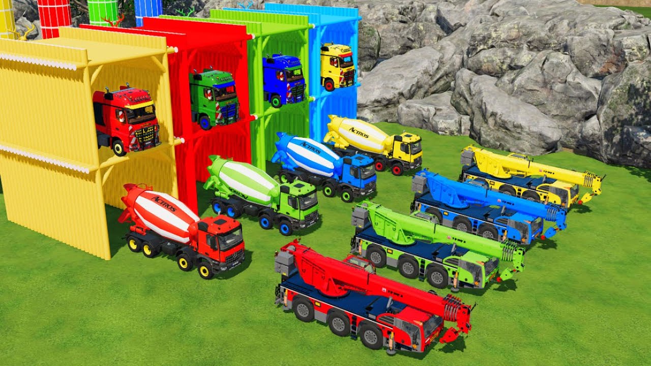 Trucks With COLORS - MERCEDES MIXER TRUCK and TEREX CRANE TRUCK with FLATBED TRAILER TRUCK - FS22