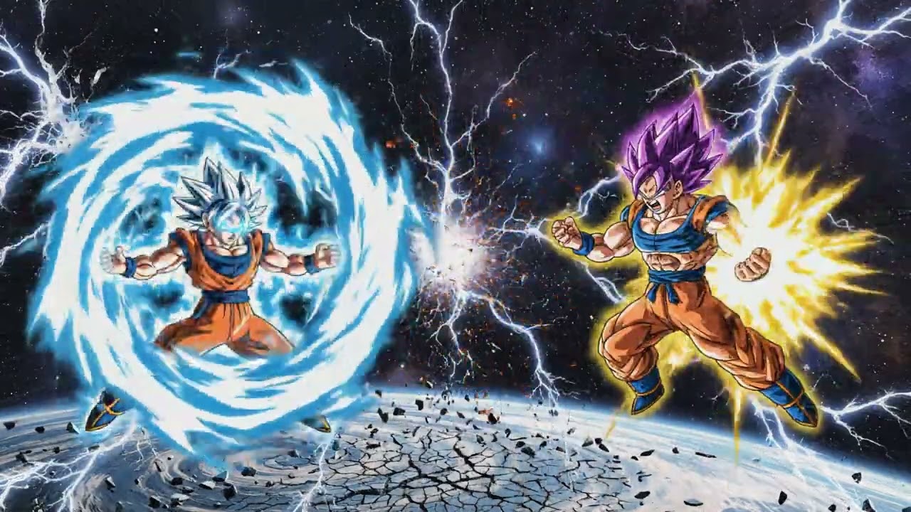 Épica de batalha entre Goku (Ultra Instinto Dominado) e Vegeta. Feito por IA.