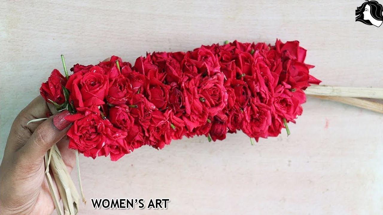 how to make a rose flower garland | roja poo malai kattuvathu eppadi in tamil | WOMEN'S ART
