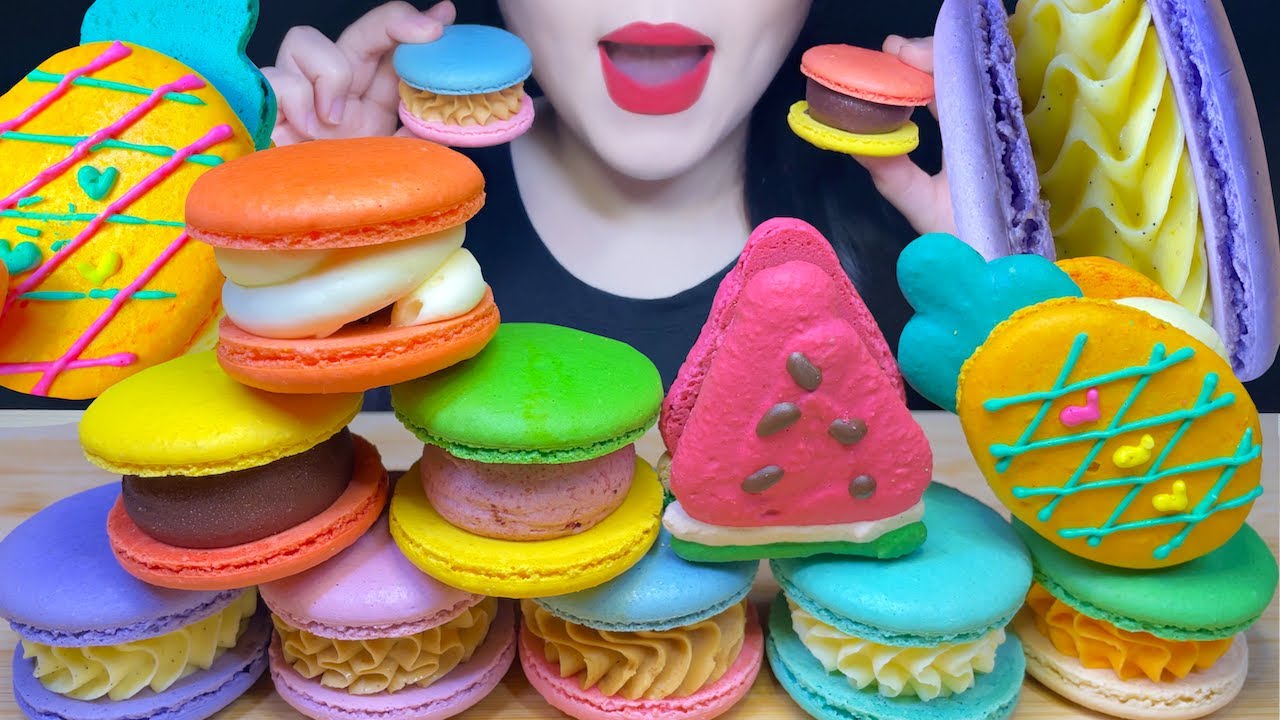 ASMR COLORFUL MACARON PARTY*FATCARON EATING SOUNDS MUKBANG, 알록달록 마카롱 파티*뚱카롱 먹방🍉🍍🌈