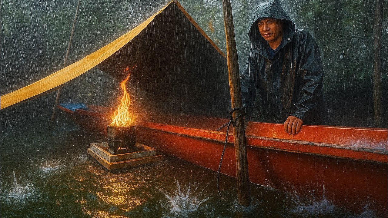 Drizzle Rain Solo Camping in the Boat - Cooking just for Relaxing, A Fun Life
