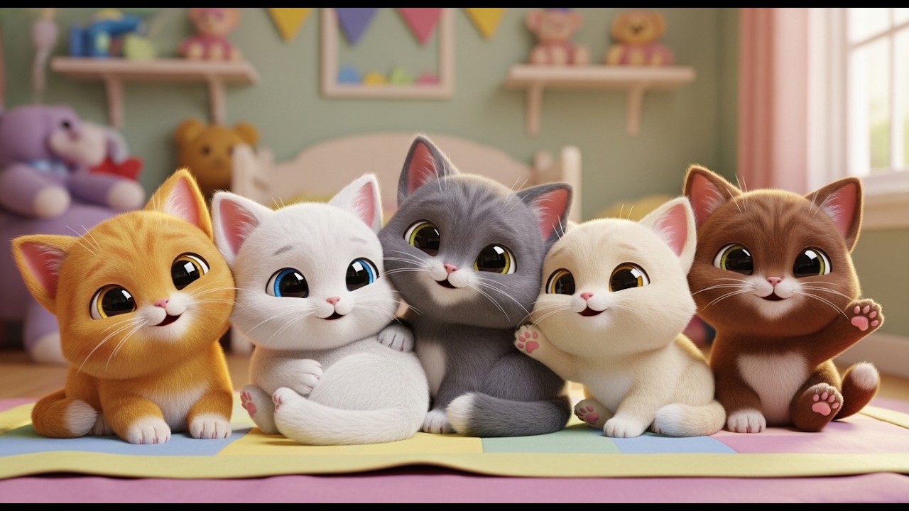 Cinco Gatinhos se Aconchegam na Cama | Canção de Ninar e Rimas para Dormir
