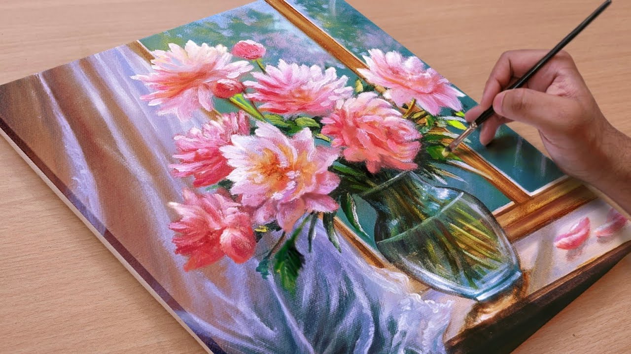 Painting a Beautiful Vibrant Flower Bouquet in a Vase / Acrylic painting / Art paintings