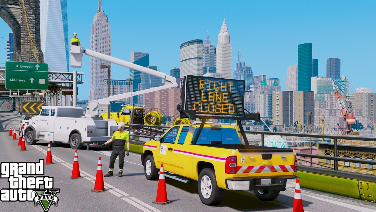 Liberty City Bridge Construction With Department of Transportation Message Board Trucks In GTA 5