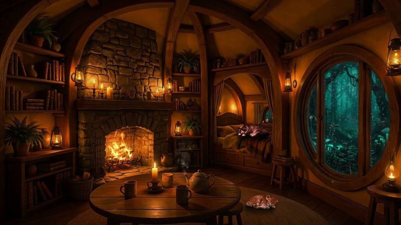 Cozy Hobbit Hole Ambience - Rainy Night with Fireplace and Sleeping Cats