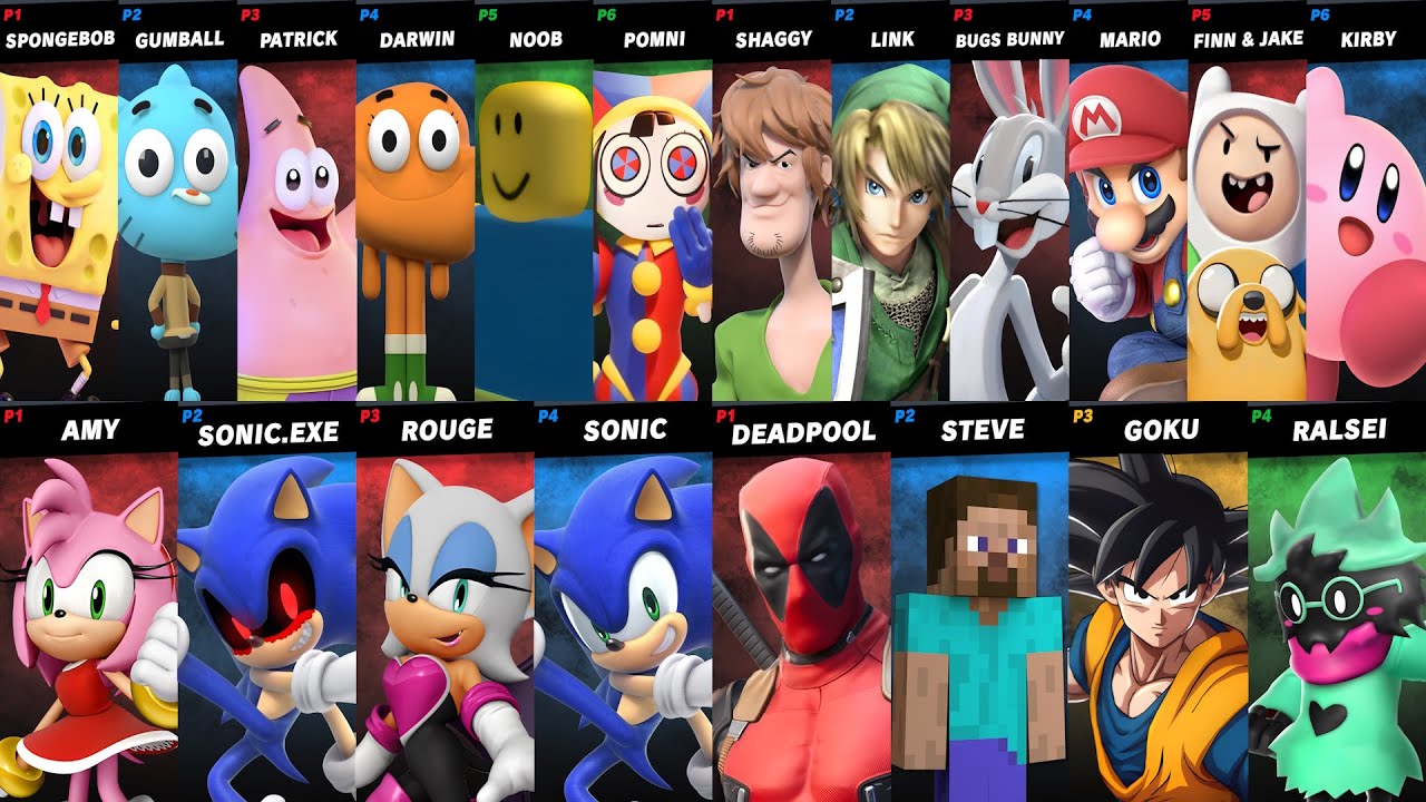 Sonic vs Sonic.EXE | Mario vs Finn | Noob vs Spongebob vs Gumball | Super Smash Bros