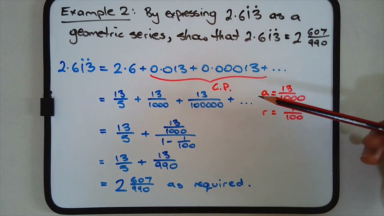 How to apply geometric series limiting sum to convert a recurring decimal to a fraction (example)