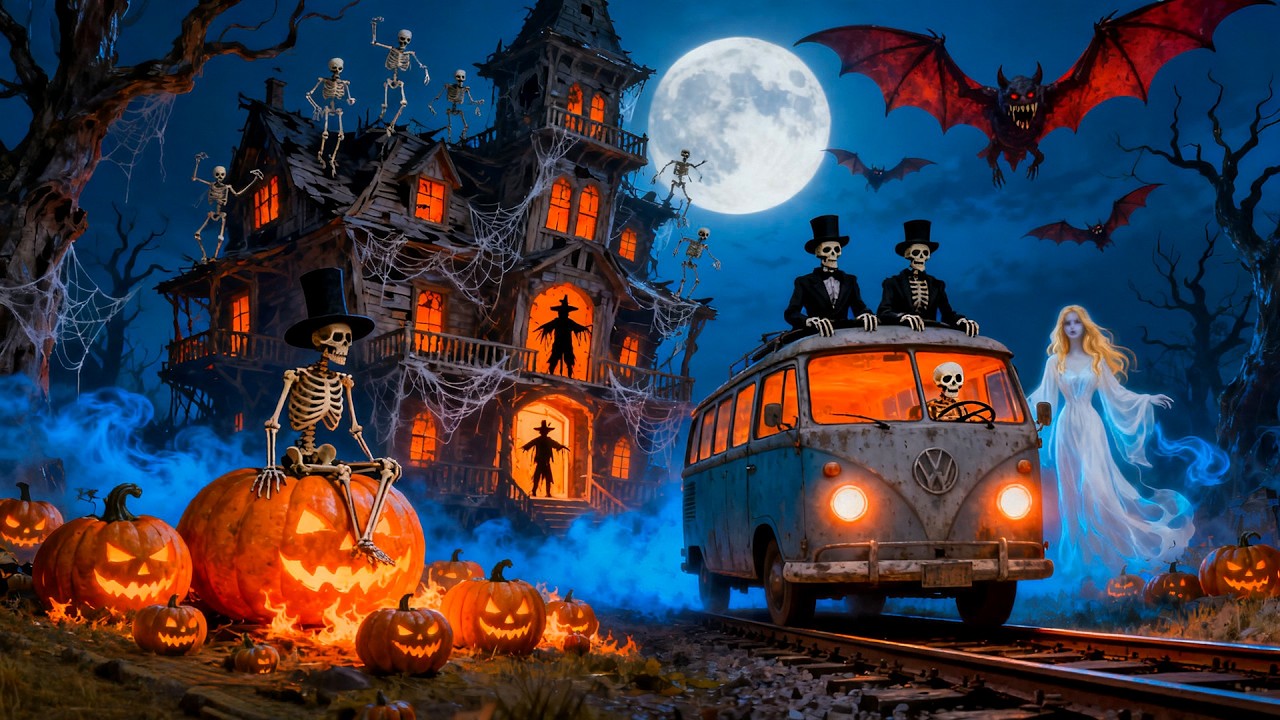 Relaxing Halloween Ambience 🎃 Ghost Bus & Glowing Pumpkins 👻 Cozy Spooky Music