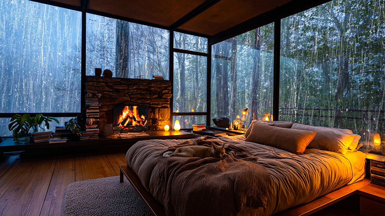 No Ads, Rain Sounds For Sleeping – Gentle Night Rain, Fireplace & thunder in a Mountain Lodge
