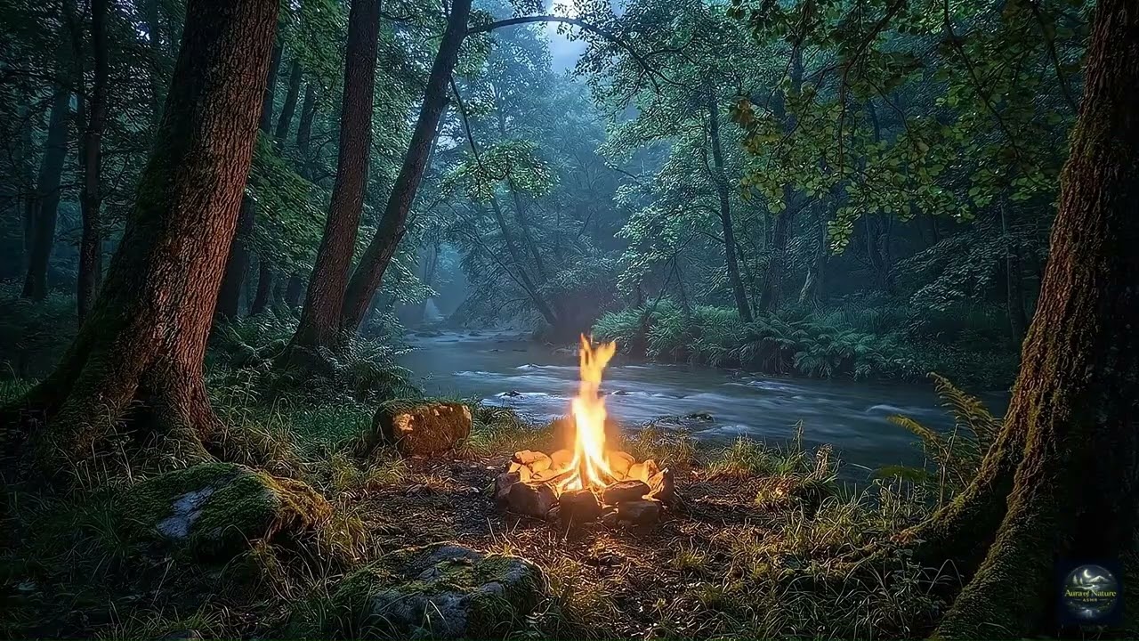 Crackling Campfire by the River ASMR | 10 Hours Nature Sounds with Birds Chirping | Peaceful Sleep |